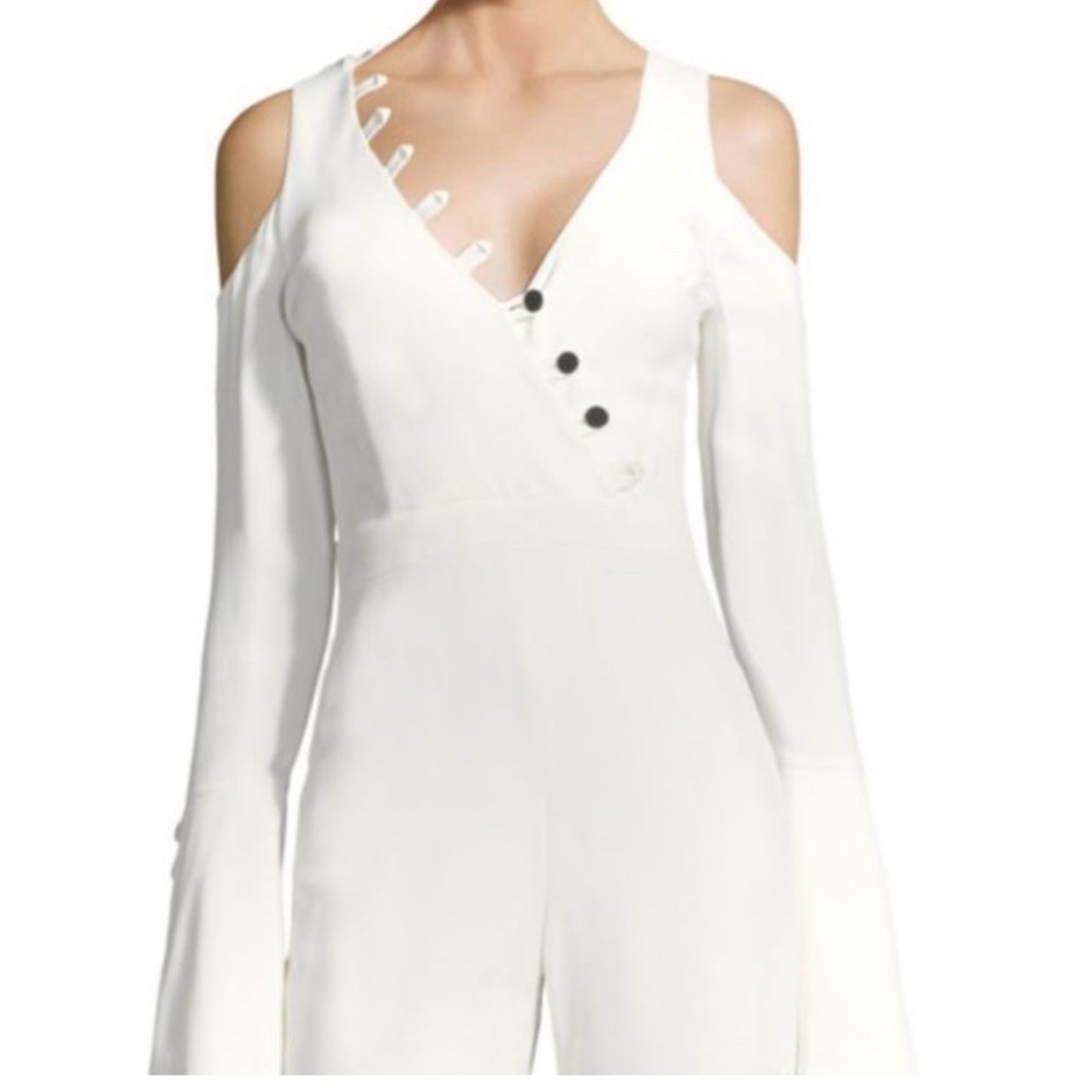EUC Alexis Bali button bell sleeve white jumpsuit Shoulder Cutout women’s Small - Picture 1 of 10